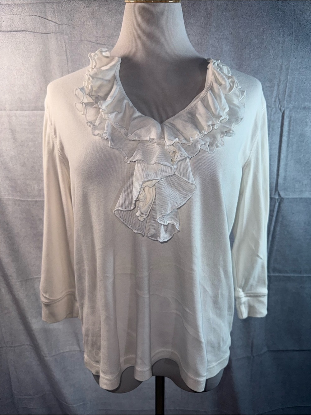 1975-American Living Cream Ruffled V-Neck Long Sleeve Top